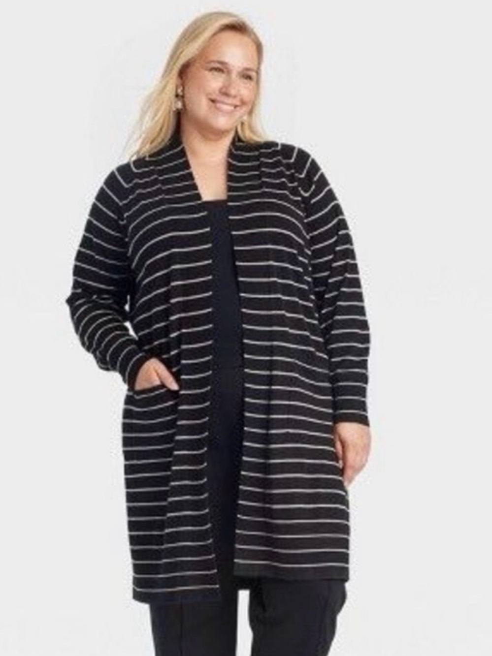 A New Day Black & Taupe Open-Front Long Cardigan Sweater - Women